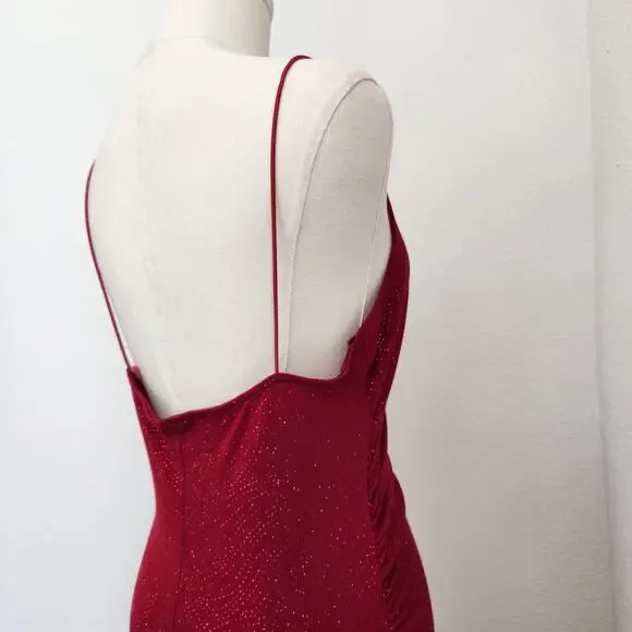 Vintage Y2K City Triangles Red Ruched Maxi Prom Dress Stretchy Spaghetti Strap S - Picture 11 of 13